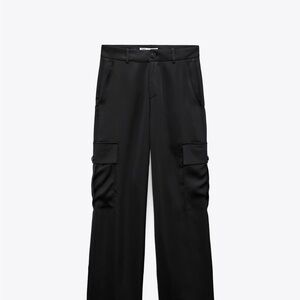 Zara Black Cargo Satin Pants with Utility Design